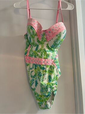 Lilly Pulitzer Green Leaf One-Piece Swimsuit with Pink Trim